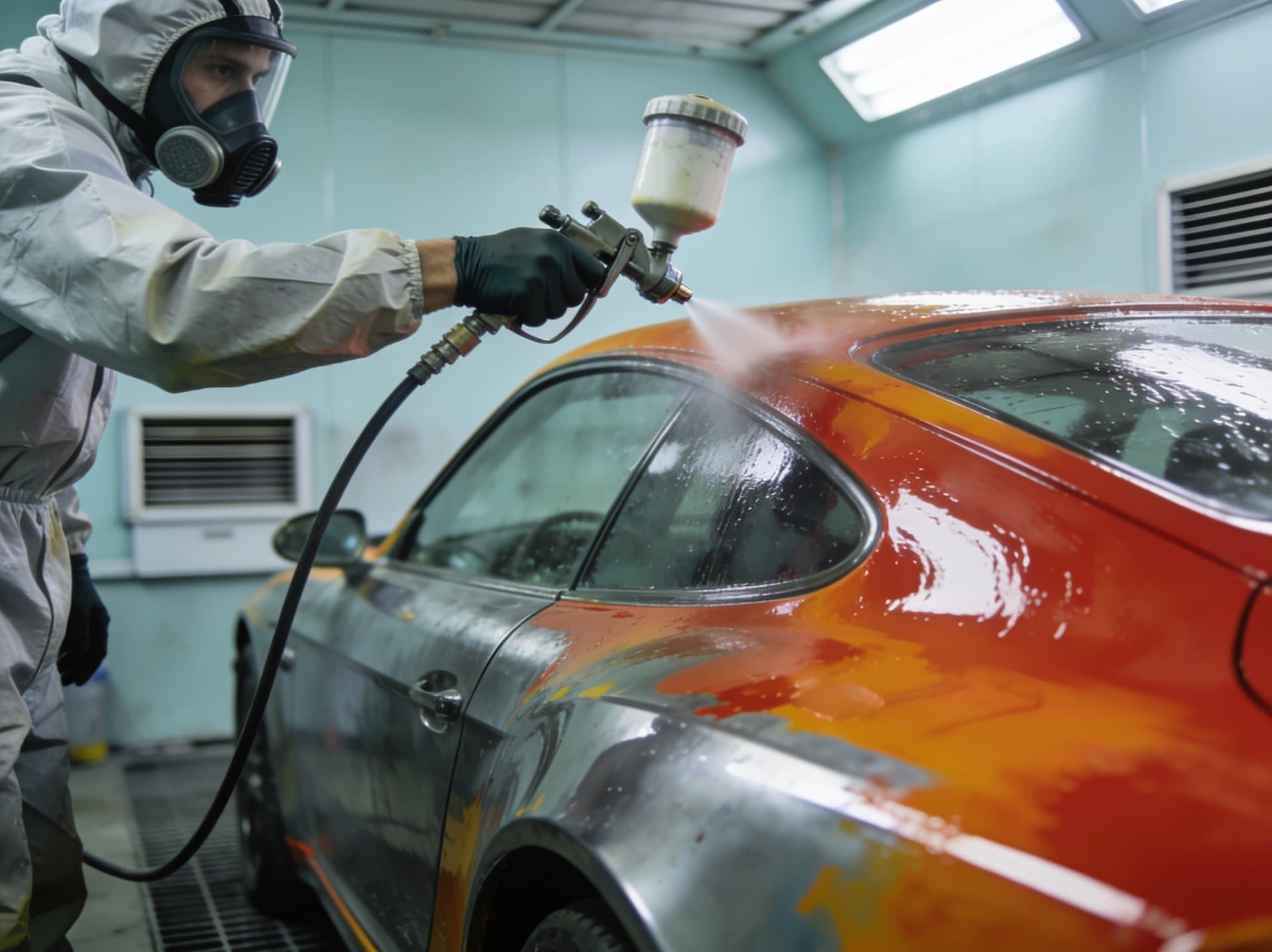 Cabina de pintura de coches en el taller de Vilanova de Arousa